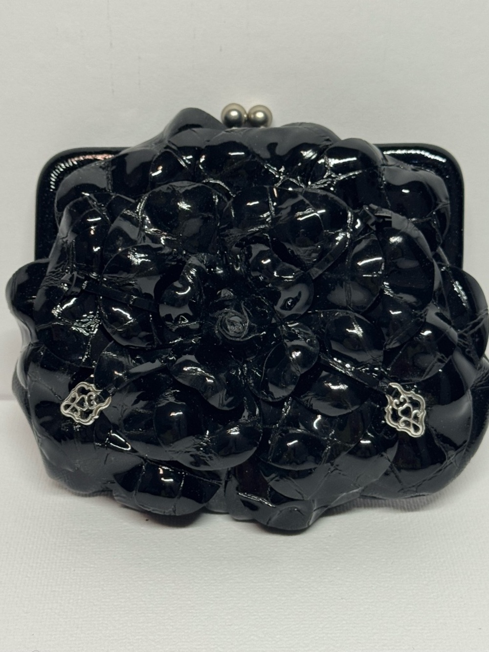 Brighton NEW Roselie Shine Kiss Lock Black Patent Leather Floral Clutch W/ Chain
